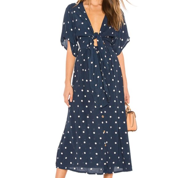 FAITHFULL THE BRAND REVOLVE Magda Midi Dress in Vintage Blue Ronja Polka Dot - M - Picture 1 of 6